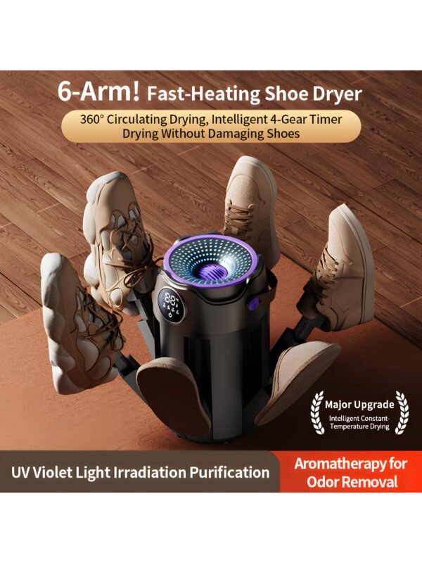 AA-EN-000001-1 Portable 6-Arm Shoe Dryer with UV Light, 360° Hot Air Circulation, Fast PTC Heating, Foldable Boot Dryer with Timer and Odor Removal