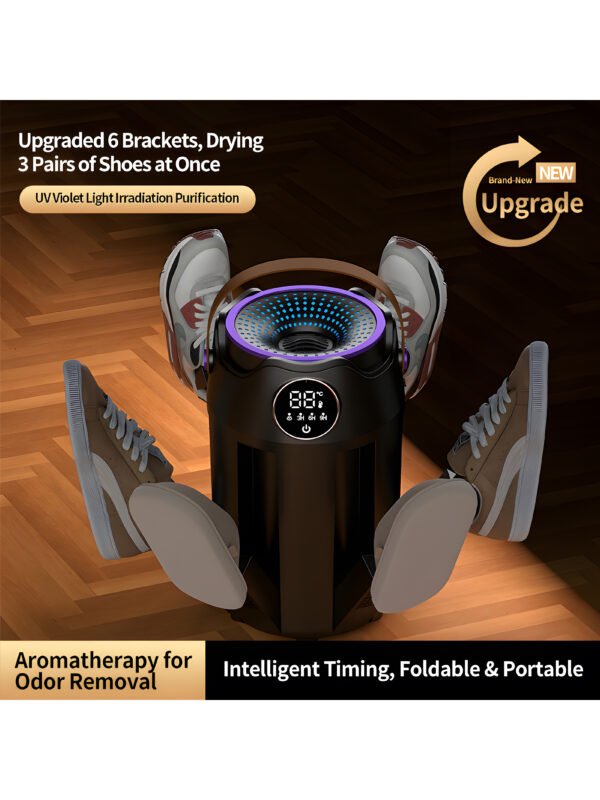 AA-EN-000001-6 Portable 6-Arm Shoe Dryer with UV Light, 360° Hot Air Circulation, Fast PTC Heating, Foldable Boot Dryer with Timer and Odor Removal