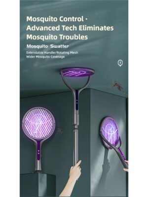 Smart Electric Mosquito Swatter with 90° Rotating Head & Extendable Handle, Type-C Rechargeable Bug Zapper, Wall-Mount Mosquito Trap Lamp with Safety Mesh & Auto-Discharge