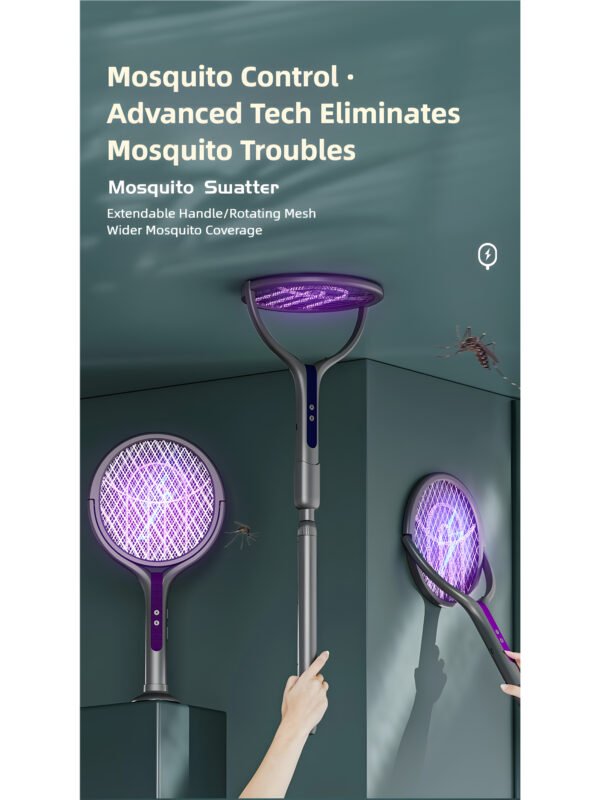 AA-EN-000002-1 Smart Electric Mosquito Swatter with 90° Rotating Head & Extendable Handle, Type-C Rechargeable Bug Zapper, Wall-Mount Mosquito Trap Lamp with Safety Mesh & Auto-Discharge