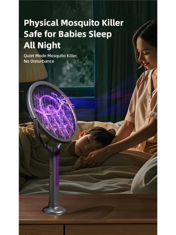 AA-EN-000002-12 Smart Electric Mosquito Swatter with 90° Rotating Head & Extendable Handle, Type-C Rechargeable Bug Zapper, Wall-Mount Mosquito Trap Lamp with Safety Mesh & Auto-Discharge