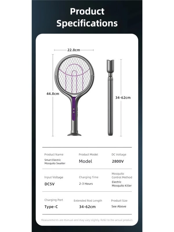 AA-EN-000002-16 Smart Electric Mosquito Swatter with 90° Rotating Head & Extendable Handle, Type-C Rechargeable Bug Zapper, Wall-Mount Mosquito Trap Lamp with Safety Mesh & Auto-Discharge