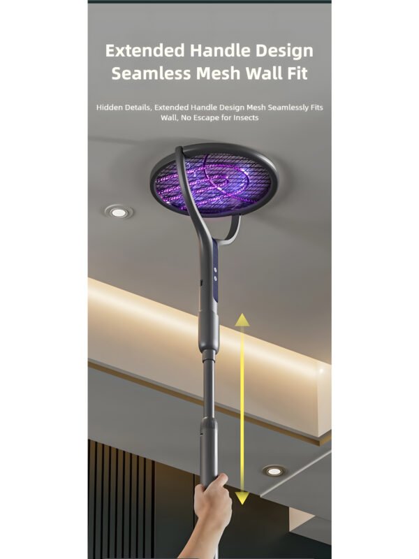 AA-EN-000002-3 Smart Electric Mosquito Swatter with 90° Rotating Head & Extendable Handle, Type-C Rechargeable Bug Zapper, Wall-Mount Mosquito Trap Lamp with Safety Mesh & Auto-Discharge