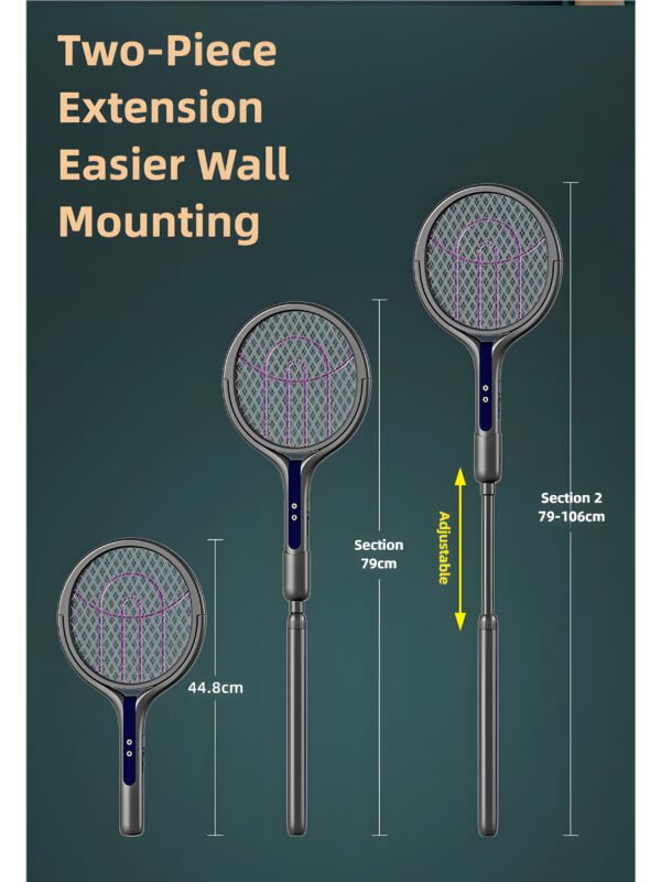 AA-EN-000002-5 Smart Electric Mosquito Swatter with 90° Rotating Head & Extendable Handle, Type-C Rechargeable Bug Zapper, Wall-Mount Mosquito Trap Lamp with Safety Mesh & Auto-Discharge