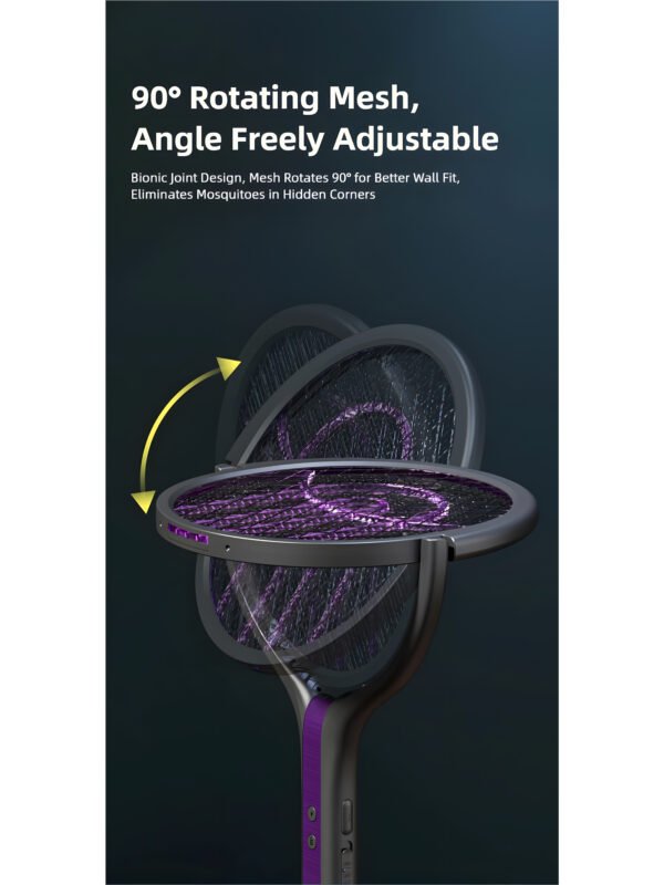 AA-EN-000002-6 Smart Electric Mosquito Swatter with 90° Rotating Head & Extendable Handle, Type-C Rechargeable Bug Zapper, Wall-Mount Mosquito Trap Lamp with Safety Mesh & Auto-Discharge