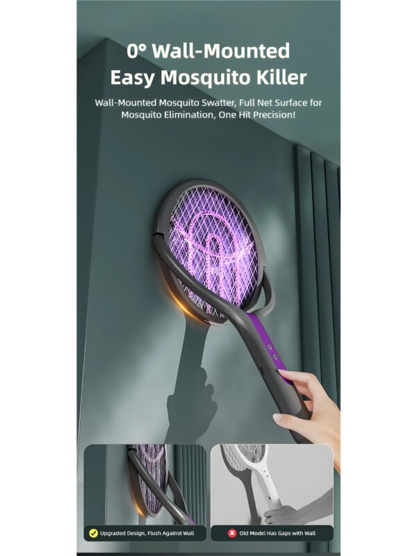 AA-EN-000002-7 Smart Electric Mosquito Swatter with 90° Rotating Head & Extendable Handle, Type-C Rechargeable Bug Zapper, Wall-Mount Mosquito Trap Lamp with Safety Mesh & Auto-Discharge