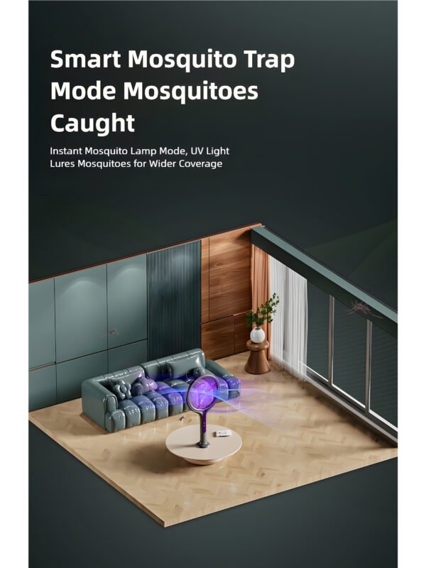 AA-EN-000002-8 Smart Electric Mosquito Swatter with 90° Rotating Head & Extendable Handle, Type-C Rechargeable Bug Zapper, Wall-Mount Mosquito Trap Lamp with Safety Mesh & Auto-Discharge