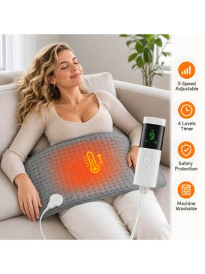 Electric Heating Pad for Back Pain & Cramps Relief, Ultra Soft Plush Heating Mat with 9 Adjustable Temperature Levels, 4 Auto-Off Timers, Machine Washable