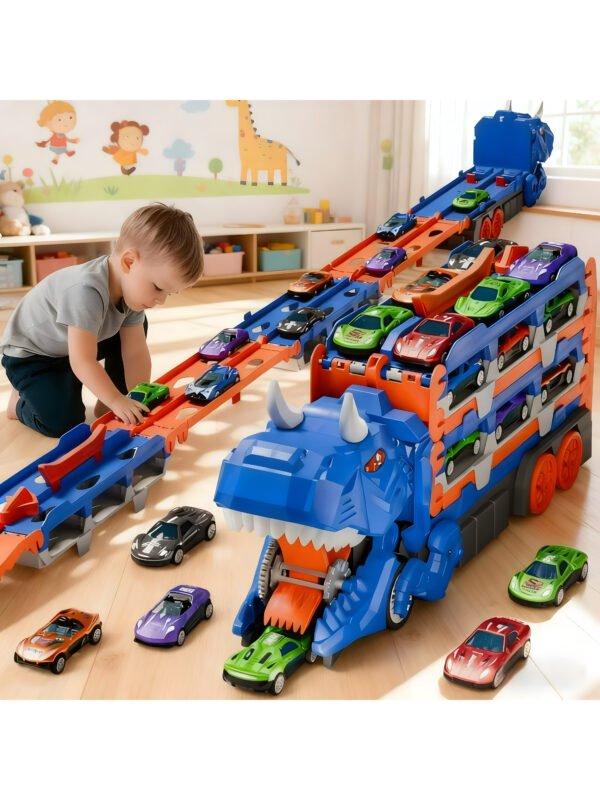 SP-TO-000001-1 3-in-1 Dinosaur Car Carrier Truck with Racing Track, Toy Car Storage, 12 Toy Cars, Transporter Playset for Kids Ages 3-8