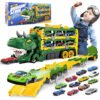 SP-TO-000001-2 3-in-1 Dinosaur Car Carrier Truck with Racing Track, Toy Car Storage, 12 Toy Cars, Transporter Playset for Kids Ages 3-8