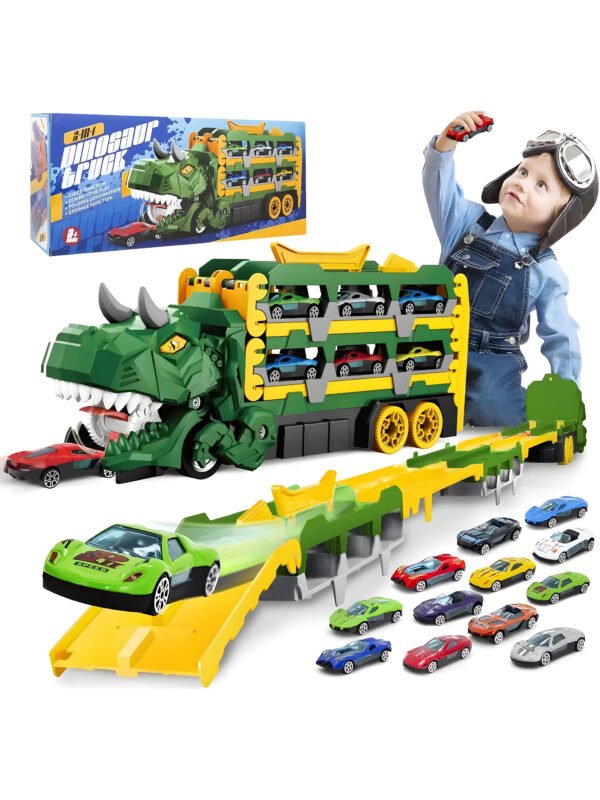 SP-TO-000001-2 3-in-1 Dinosaur Car Carrier Truck with Racing Track, Toy Car Storage, 12 Toy Cars, Transporter Playset for Kids Ages 3-8