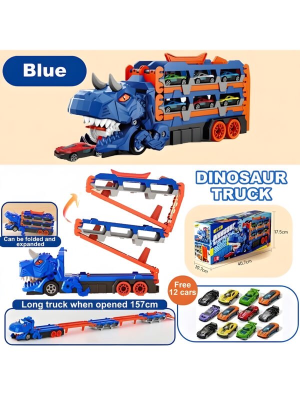 SP-TO-000001-3 3-in-1 Dinosaur Car Carrier Truck with Racing Track, Toy Car Storage, 12 Toy Cars, Transporter Playset for Kids Ages 3-8