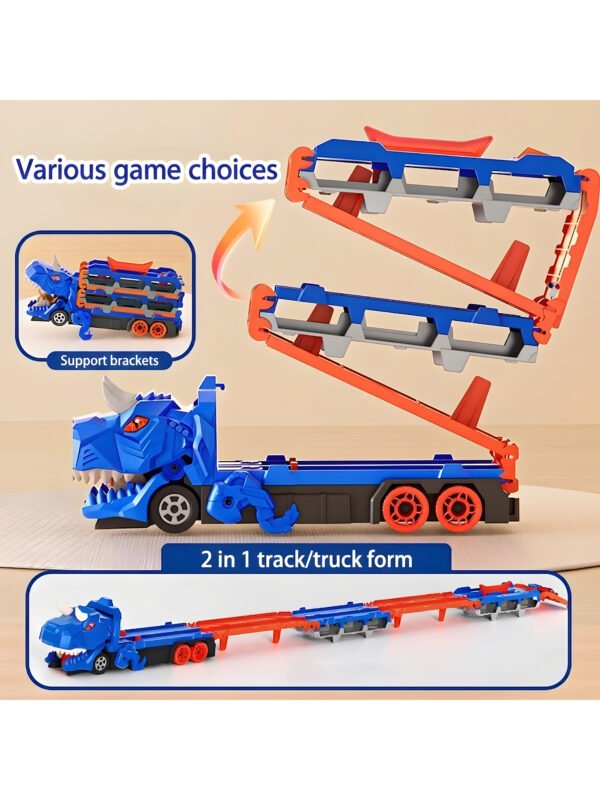 SP-TO-000001-4 3-in-1 Dinosaur Car Carrier Truck with Racing Track, Toy Car Storage, 12 Toy Cars, Transporter Playset for Kids Ages 3-8