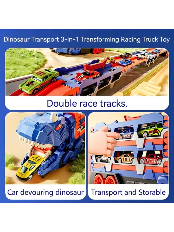 SP-TO-000001-5 3-in-1 Dinosaur Car Carrier Truck with Racing Track, Toy Car Storage, 12 Toy Cars, Transporter Playset for Kids Ages 3-8