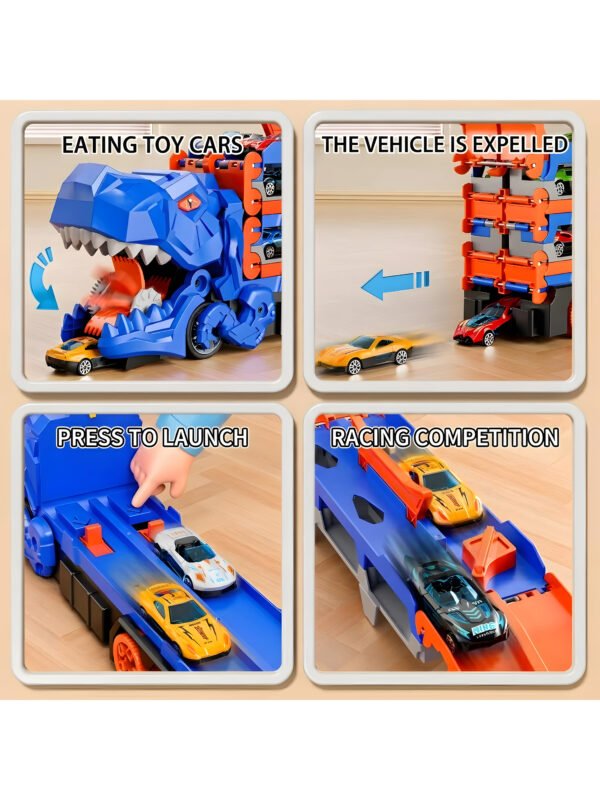 SP-TO-000001-6 3-in-1 Dinosaur Car Carrier Truck with Racing Track, Toy Car Storage, 12 Toy Cars, Transporter Playset for Kids Ages 3-8