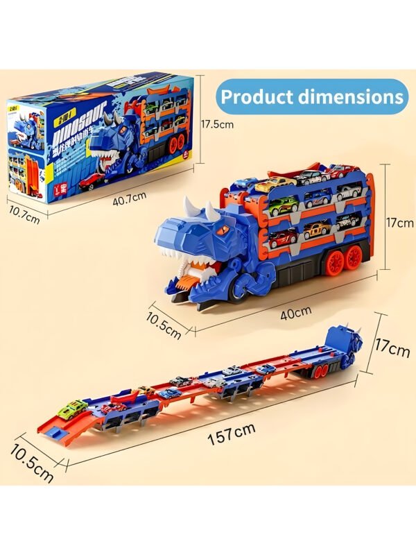 SP-TO-000001-8 3-in-1 Dinosaur Car Carrier Truck with Racing Track, Toy Car Storage, 12 Toy Cars, Transporter Playset for Kids Ages 3-8