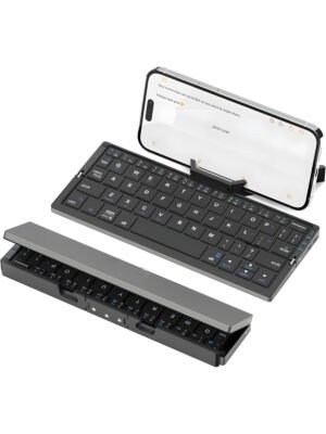 Ultra-Slim Foldable Bluetooth Keyboard with Built-in Phone & Tablet Stand – Multi-Device Wireless Pocket Keyboard for iOS, Android & Windows