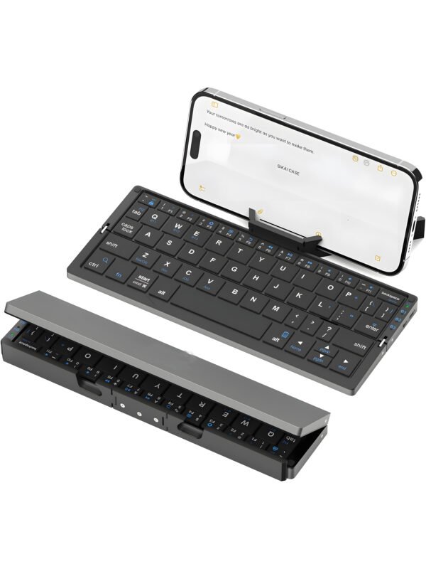 Ultra-Slim Foldable Bluetooth Keyboard with Built-in Phone & Tablet Stand – Multi-Device Wireless Pocket Keyboard for iOS, Android & Windows