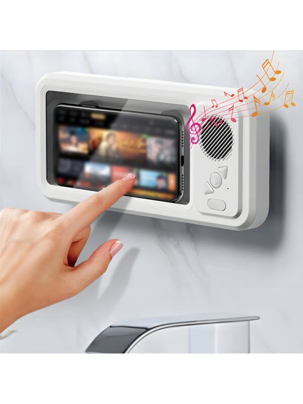 Waterproof Shower Phone Holder with Built-in Bluetooth Speaker, 360° Rotation Anti-Fog Wall Mount Phone Case