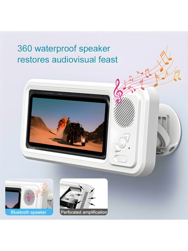 Waterproof Shower Phone Holder with Built-in Bluetooth Speaker, 360° Rotation Anti-Fog Wall Mount Phone Case